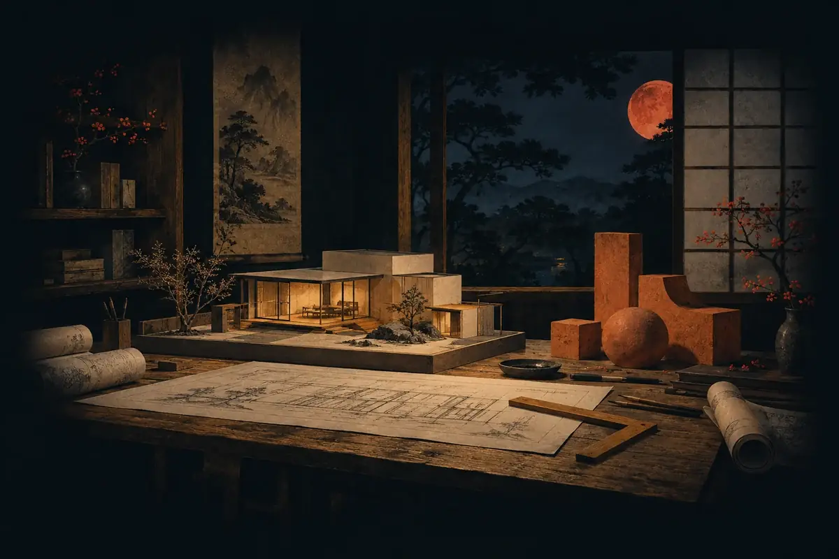 Maquette architecturale dans un atelier japonais nocturne.