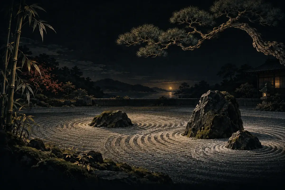 Ondulations d’un jardin minéral japonais à la nuit tombée.