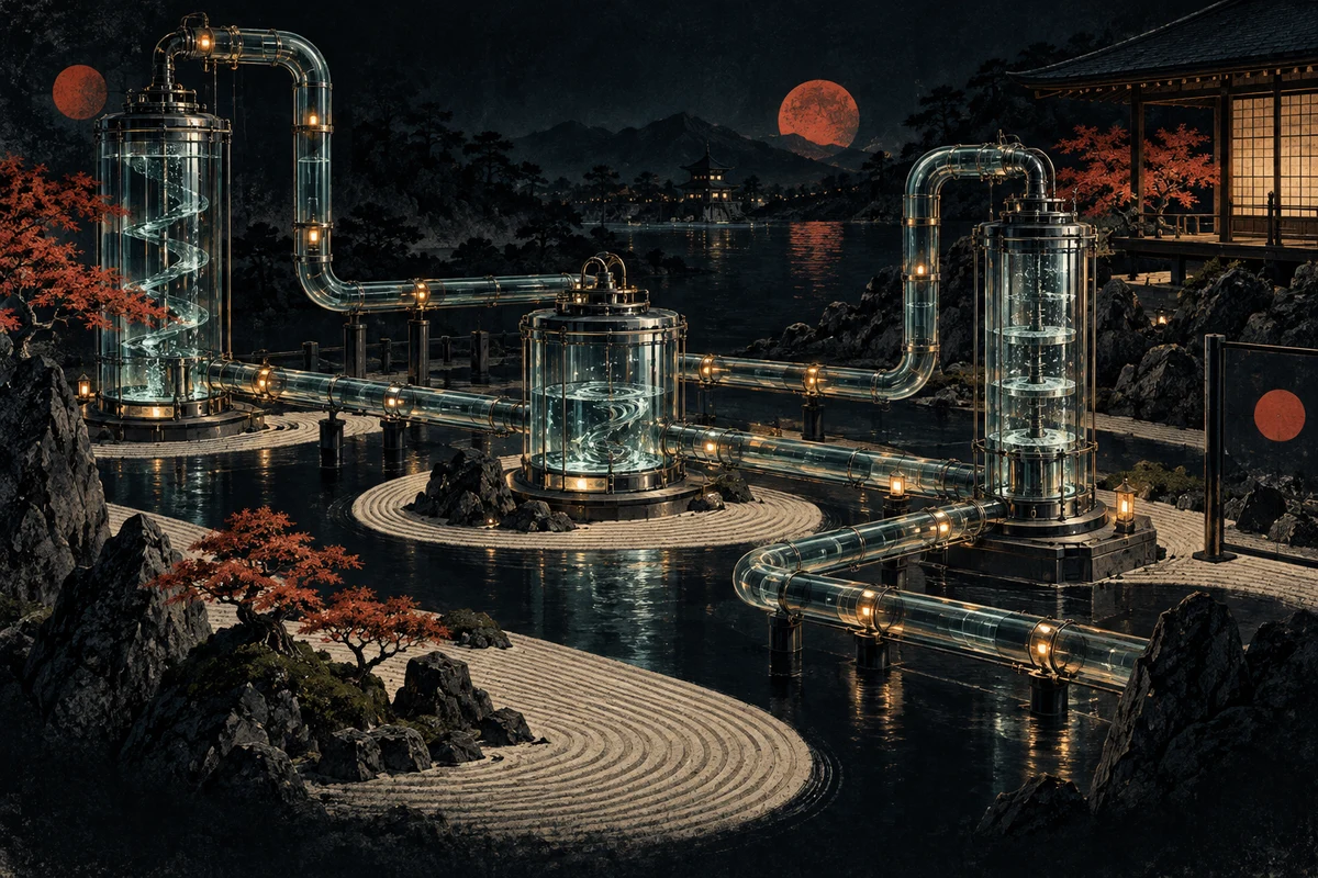 Illustration de circuits industriels reliés par des points de contrôle lumineux, à l’encre japonaise.