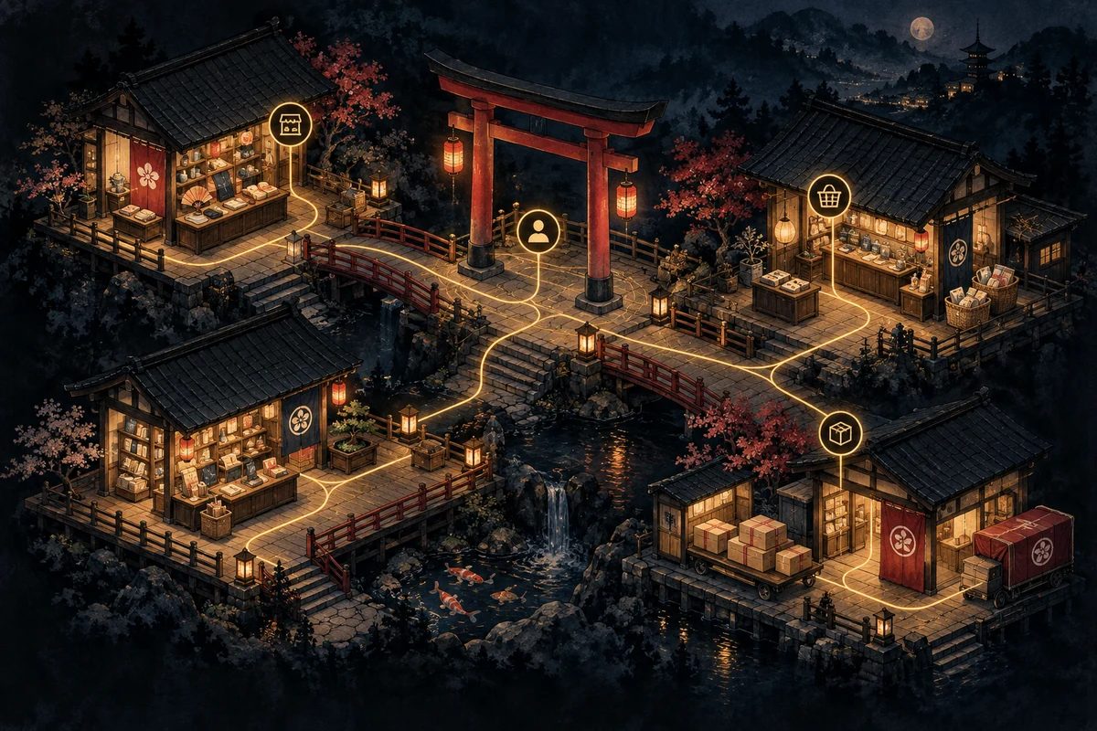Illustration d’un quartier commerçant connecté autour d’une porte centrale, inspiré du Japon.