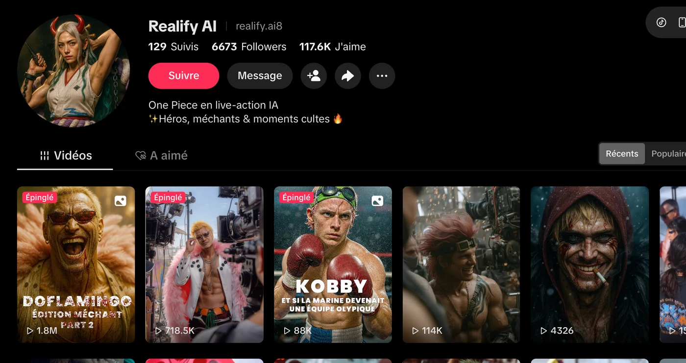 Capture du compte Realify AI et de ses créations vidéo.